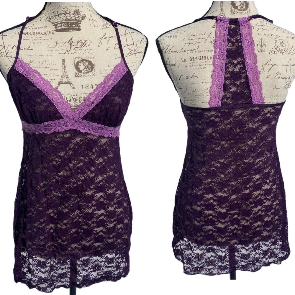♛4/$20♛ Sexy V-Neck Racerback Lingerie Dress Sheer Lace Purple Pink S M L
